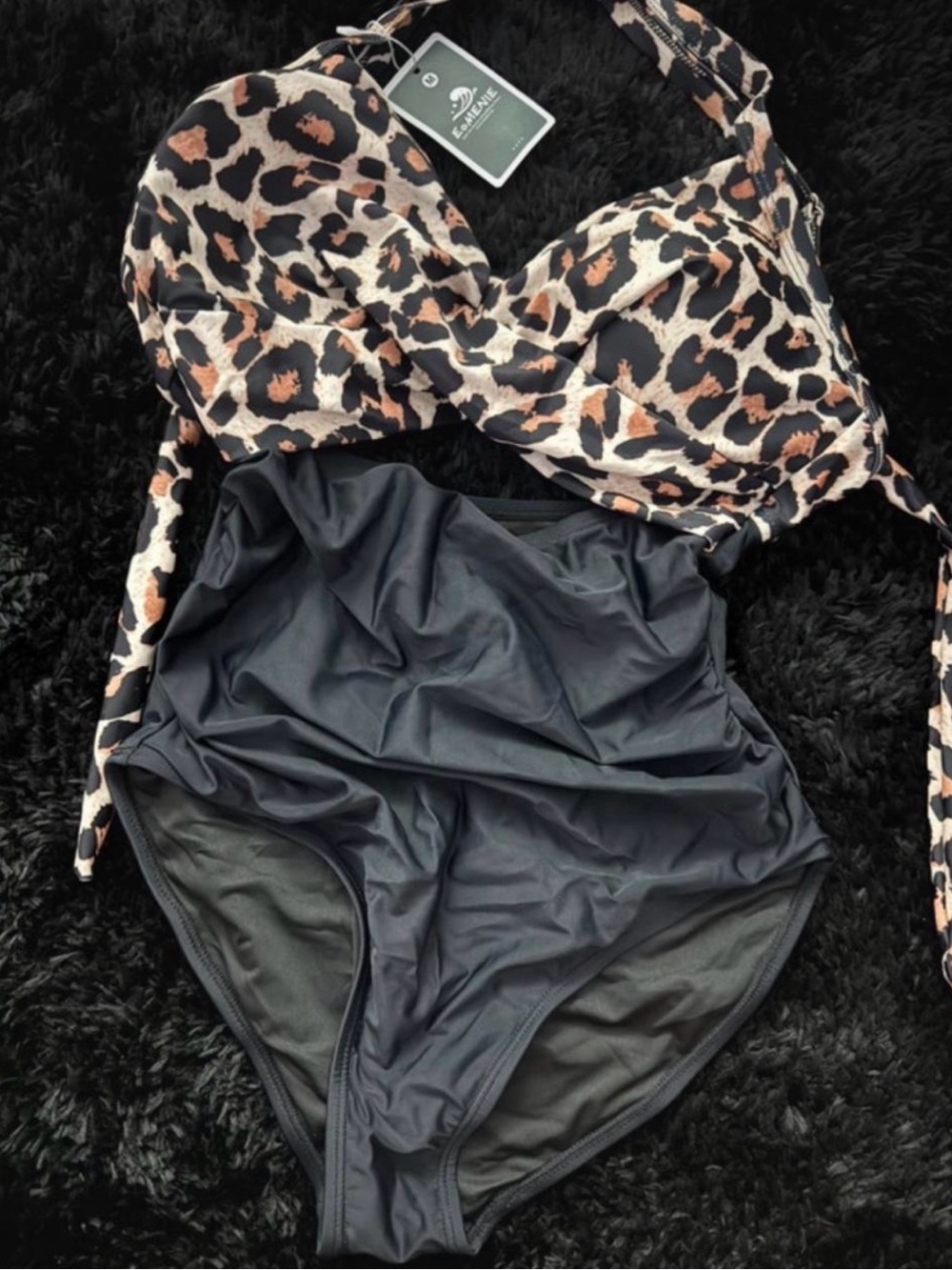 Leopard Print & Black High-Waist Swim Top Set